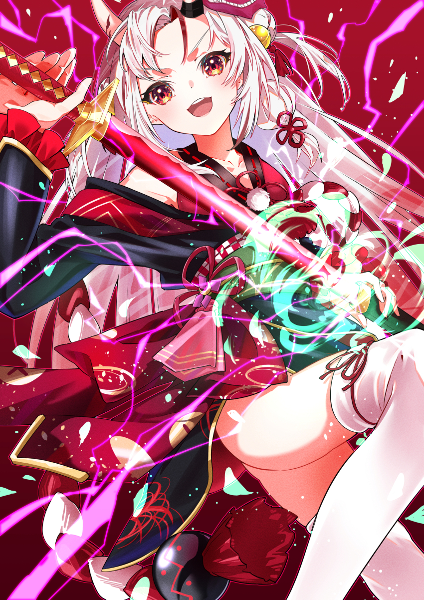 :d absurdres bell black_kimono double_bun electricity feet_out_of_frame frilled_sleeves frills gradient_hair hair_bell hair_bun hair_ornament highres hiyashinssu holding holding_sword holding_weapon hololive horns japanese_clothes jingle_bell katana kimono kouhaku_nawa long_hair long_sleeves magic mask mask_on_head multicolored_hair nakiri_ayame nakiri_ayame_(1st_costume) off_shoulder oni_mask open_mouth red_eyes red_hair red_kimono rope sheath shimenawa short_kimono side_up_bun skin-covered_horns sleeveless sleeveless_kimono smile streaked_hair sword tassel tassel_hair_ornament teeth thighhighs two_side_up unsheathing upper_teeth_only v-shaped_eyebrows virtual_youtuber weapon white_hair white_thighhighs