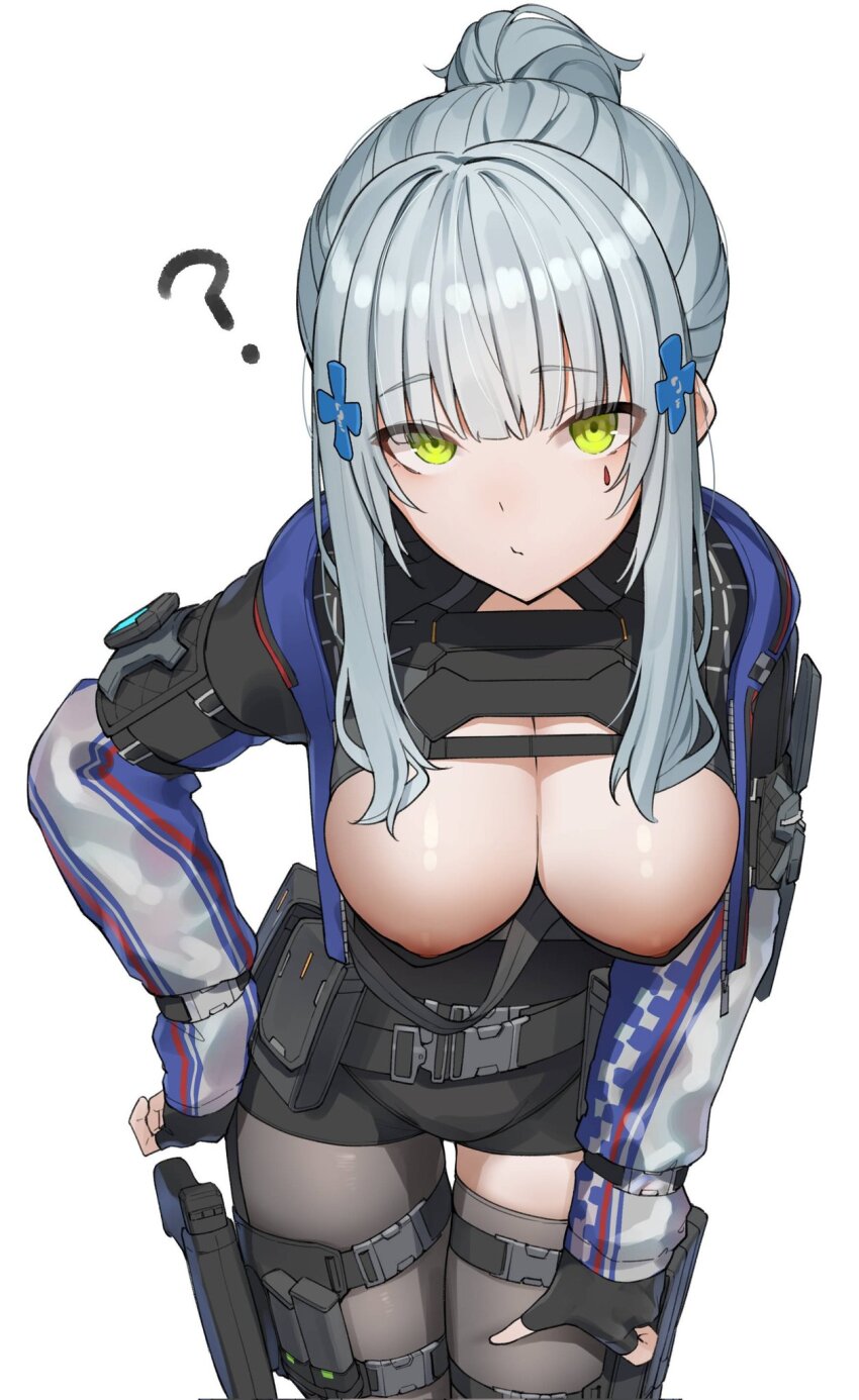 1girl ? black_gloves breasts breasts_out commentary fingerless_gloves girls&#039;_frontline girls&#039;_frontline_2:_exilium gloves green_eyes grey_hair grey_thighhighs highres hk416_(girls&#039;_frontline) klukai_(girls&#039;_frontline_2) long_hair nipples ponytail ringobatake sidelocks simple_background skindentation thighhighs white_background