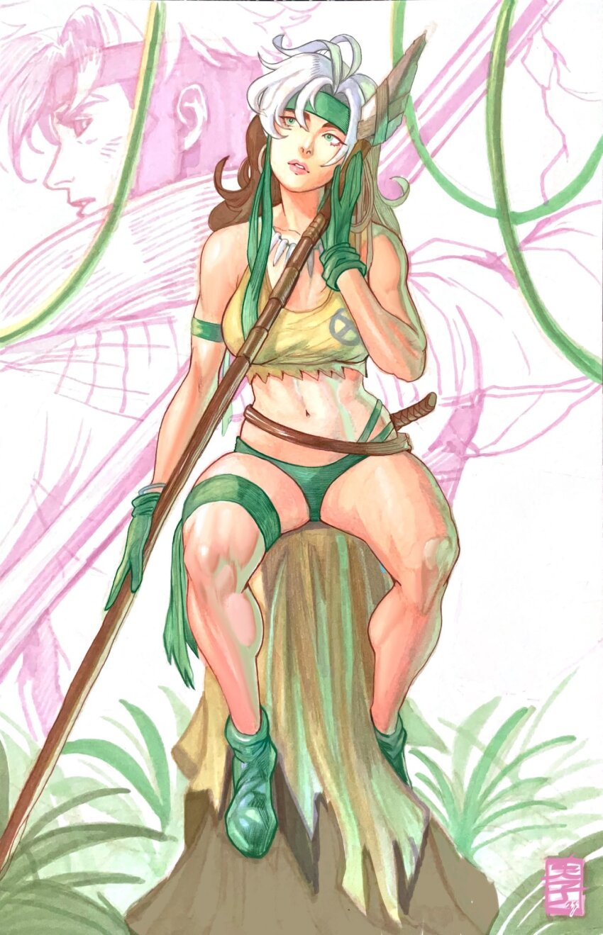 1boy 1girl acecore2k armlet brown_hair commentary couple earrings english_commentary gambit gloves green_eyes green_gloves green_headband green_panties green_shoes headband hetero highres holding holding_polearm holding_weapon hoop_earrings jewelry long_hair looking_back looking_to_the_side marker_(medium) marvel midriff multicolored_hair navel necklace official_alternate_costume panties parted_lips pen_(medium) polearm profile rogue_(x-men) shirt shoes short_hair sitting spear tank_top thigh_strap tooth_necklace torn_clothes torn_shirt traditional_media tree underwear weapon white_hair x-men yellow_tank_top