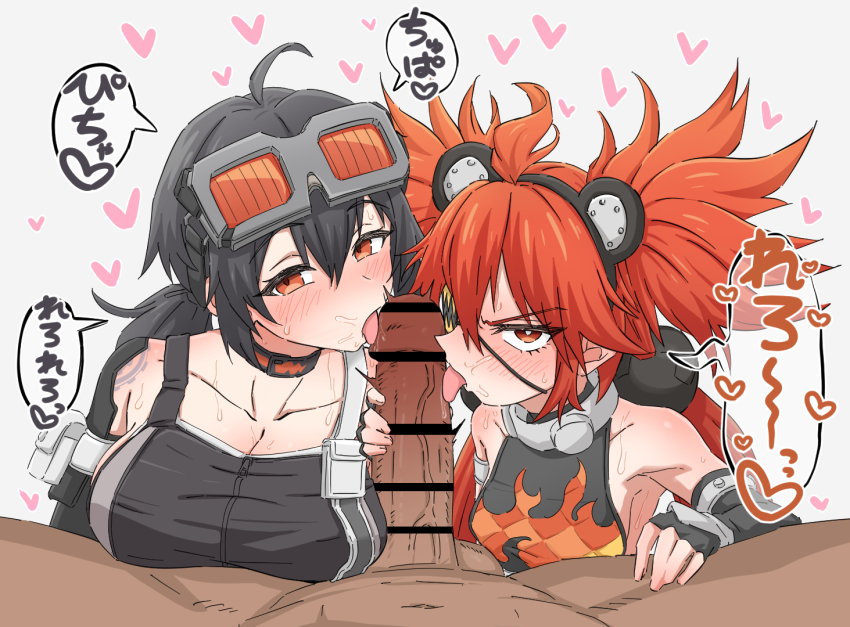 1boy 2girls ahoge bar_censor black_hair blush breasts censored cleavage commentary_request cooperative_fellatio fellatio ffm_threesome fingerless_gloves gloves goggles goggles_on_head grace_howard group_sex heart hetero koleda_belobog large_breasts licking licking_penis loli looking_at_viewer mocigome02 multiple_girls open_mouth oral penis pov pov_crotch red_eyes red_hair small_breasts teamwork_(sexual) testicles threesome tongue tongue_out twintails zenless_zone_zero