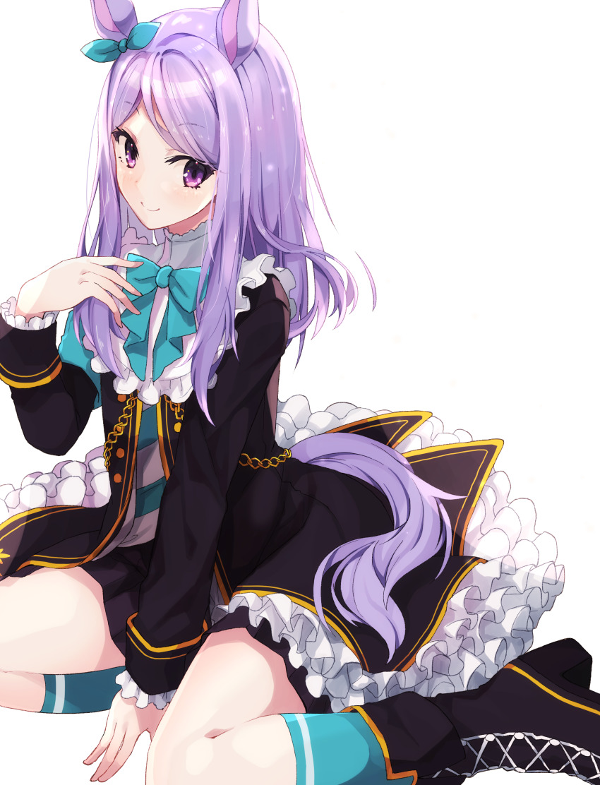 1girl absurdres animal_ears between_legs black_boots black_jacket black_skirt blue_bow blue_ribbon blue_socks boots bow closed_mouth commentary_request ear_ribbon frilled_jacket frilled_sleeves frills hand_between_legs hand_up high_heel_boots high_heels highres horse_ears horse_girl horse_tail jacket lace-up_boots long_hair long_sleeves looking_at_viewer mejiro_mcqueen_(umamusume) pleated_skirt purple_eyes purple_hair ribbon shirousagi_una simple_background sitting skirt smile socks solo swept_bangs tail umamusume white_background yokozuwari
