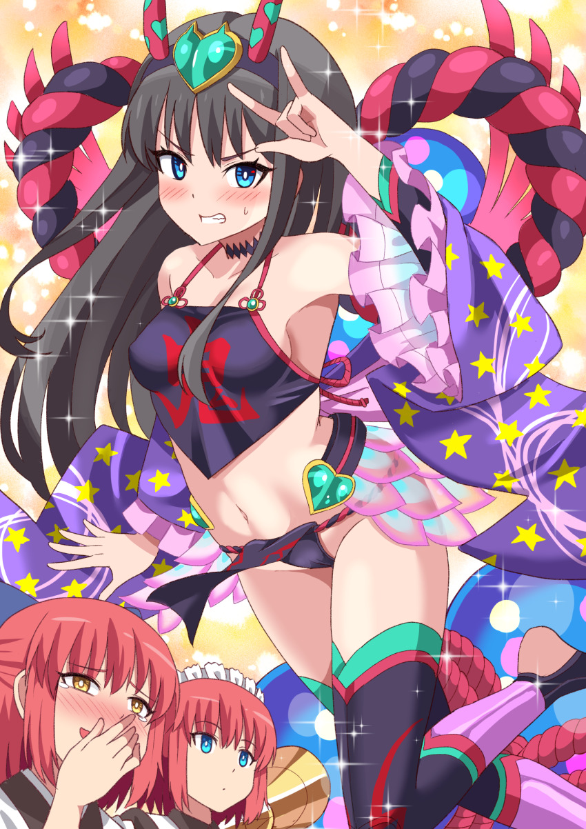 3girls bare_shoulders black_dress black_fundoshi black_hair black_thighhighs blue_eyes breasts chinese_clothes clenched_teeth collarbone commission cosplay detached_sleeves dress dudou fake_horns fate/grand_order fate_(series) forehead_jewel fundoshi hairband highres hisui_(tsukihime) horns japanese_clothes kohaku_(tsukihime) laughing long_hair looking_at_viewer maid_headdress medium_breasts multiple_girls navel pink_hair pixiv_commission rope shimouki_izui short_hair shuten_douji_(fate) shuten_douji_(fate/grand_order) shuten_douji_(halloween_caster)_(fate) shuten_douji_(halloween_caster)_(fate)_(cosplay) siblings sisters skin-covered_horns smile sparkle teeth thighhighs tohno_akiha tsukihime twins yellow_eyes