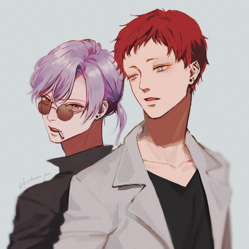 2boys black_pants cigarette commission earrings eyelashes grey_background grey_eyes grey_jacket highres jacket jewelry kurosujuu male_focus mouth_hold multiple_boys open_mouth original pants parted_lips purple_hair red_hair round_eyewear short_hair skeb_commission sunglasses teeth tinted_eyewear twitter_username upper_teeth_only