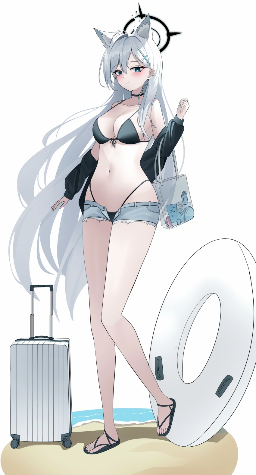 1girl absurdres alternate_costume animal_ear_fluff animal_ears bag bare_shoulders bikini black_bikini black_choker black_jacket black_sandals blue_archive blue_eyes breasts choker cleavage cross_hair_ornament grey_hair hair_ornament highres holding holding_bag jacket large_breasts long_hair lotion lunar_(pixiv53683306) sandals shiroko_(blue_archive) shiroko_terror_(blue_archive) sidelocks sunscreen swimsuit transparent_bag very_long_hair wolf_ears wolf_girl