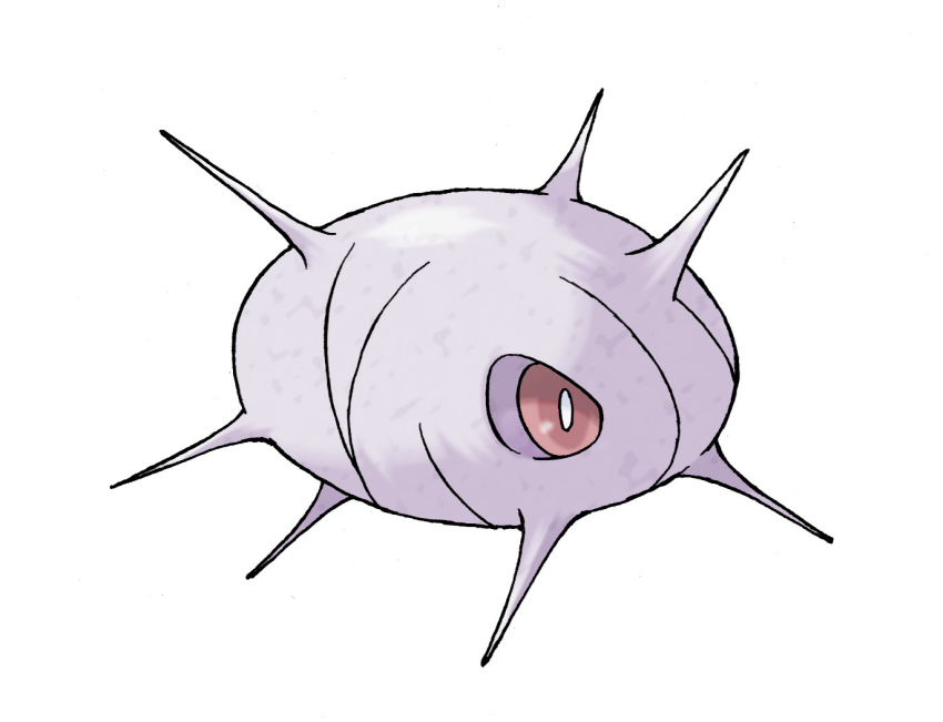 bright_pupils cascoon colored_sclera full_body gen_3_pokemon nintendo no_humans official_art pokemon pokemon_(creature) pokemon_focus pokemon_rse purple_sclera red_eyes simple_background solo spikes sugimori_ken third-party_source white_background white_pupils