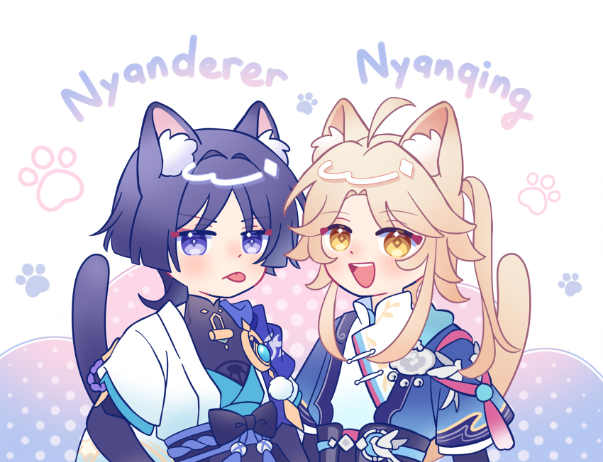 2boys :d :p animal_ears bishounen blonde_hair cat_boy cat_ears cat_tail character_name company_connection crossover deformed genshin_impact halftone halftone_background hana97_58 highres honkai:_star_rail honkai_(series) kemonomimi_mode layered_clothes male_focus mihoyo multiple_boys no_headwear open_mouth paw_print paw_print_background polar_opposites purple_eyes purple_hair scaramouche_(genshin_impact) short_sleeves side-by-side smile tail tail_raised teeth three_quarter_view tongue tongue_out upper_body upper_teeth_only wanderer_(genshin_impact) white_background yanqing_(honkai:_star_rail)