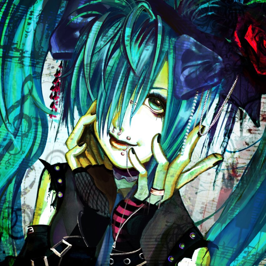 1girl alternate_costume aqua_eyes aqua_hair bow bridge_piercing eyelashes eyeshadow fingerless_gloves gloves hair_bow hatsune_miku highres jewelry lip_piercing long_hair makeup nanao_uu nose_piercing nose_ring pale_skin piercing ring smile solo twintails visual_kei vocaloid