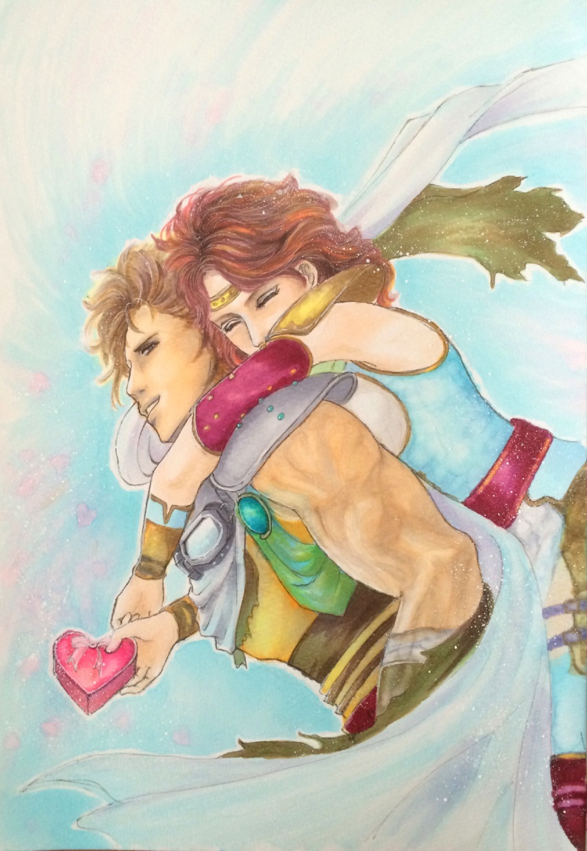 1boy 1girl arm_warmers bat_(hokuto_no_ken) brown_hair closed_eyes faux_traditional_media goggles goggles_around_neck gradient_background headband highres hokuto_no_ken lin_(hokuto_no_ken) raruma red_hair scarf shoulder_pads valentine wristband