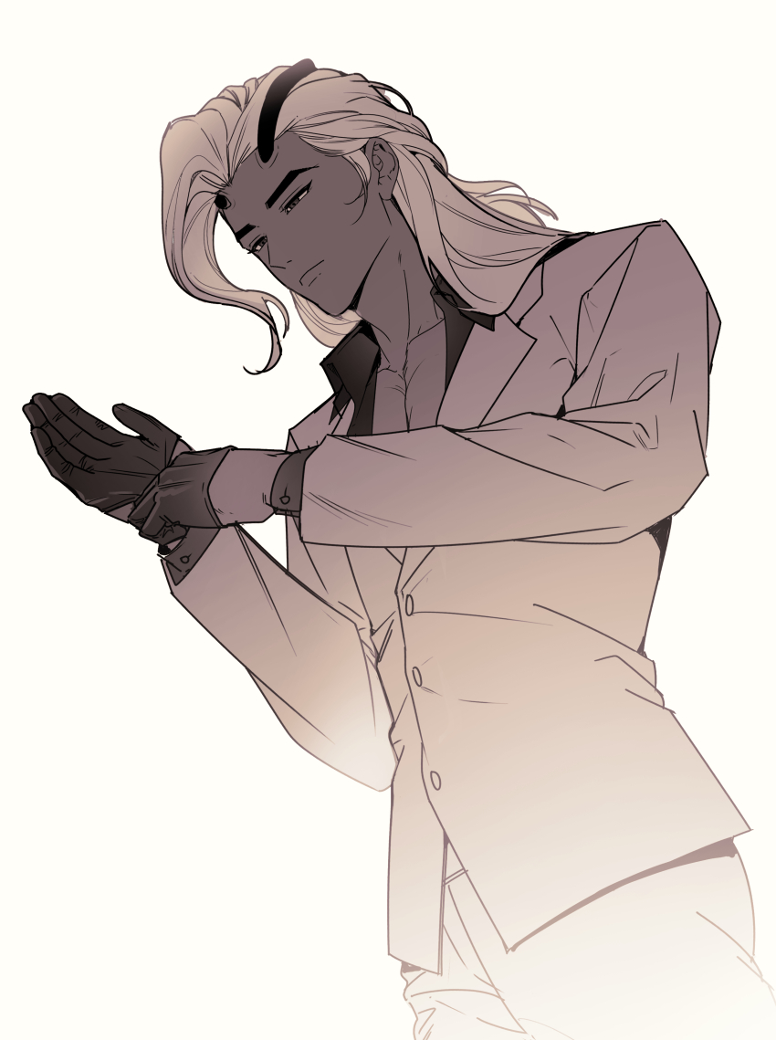 1boy absurdres adjusting_clothes adjusting_gloves arms_up buttons byeolangwi58526 collarbone collared_jacket collared_shirt commentary_request dark-skinned_male dark_skin gloves greyscale hair_behind_ear highres jacket korean_commentary lapels layered_sleeves lifeweaver_(overwatch) long_hair long_sleeves looking_at_hands male_focus monochrome overwatch overwatch_2 shirt simple_background solo standing suit_jacket white_background