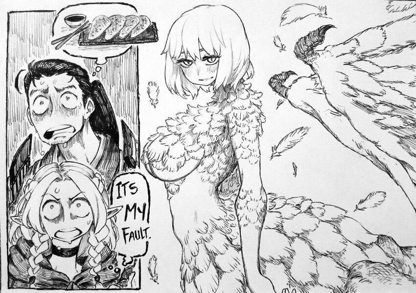 2girls armor blush braid breasts chopsticks chronozbergh dungeon_meshi english_text falin_touden falin_touden_(chimera) feathers food graphite_(medium) greyscale highres imagining japanese_armor large_breasts marcille_donato monochrome multiple_girls ponytail short_hair shurou speech_bubble sweat thought_bubble traditional_media twin_braids wings