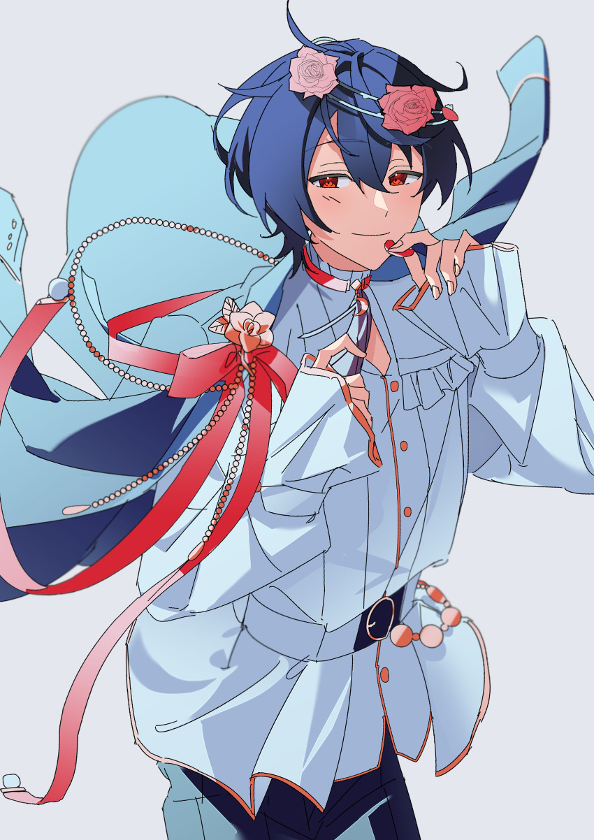 1boy absurdres belt bishounen black_hair black_pants choker closed_mouth cowboy_shot crescent_choker double-parted_bangs dress_shirt ensemble_stars! flower frilled_sleeves frills gold_trim hair_between_eyes hands_up head_wreath heidbd high-low_shirt highres holding holding_petal jacket jacket_on_shoulders jaggy_lines light_blush light_smile long_sleeves looking_at_viewer male_focus o-ring o-ring_belt pants petals pink_choker pink_flower pink_rose pleated_shirt puffy_long_sleeves puffy_sleeves red_eyes red_flower red_ribbon red_rose ribbon rose sakuma_ritsu shirt short_hair shoulder_ribbon sideways_glance simple_background sleeves_past_wrists smile solo standing tassel_choker white_background wind