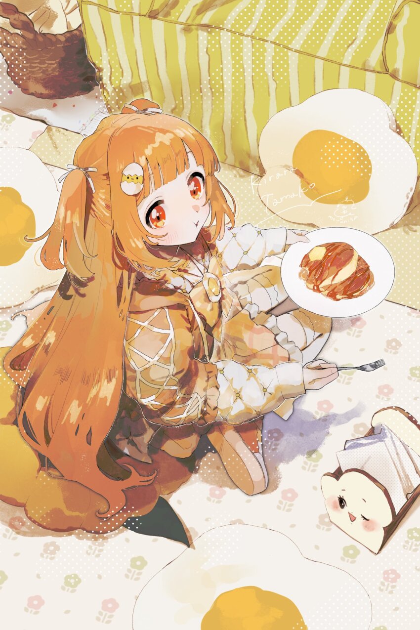 1girl basket blunt_bangs bow bowtie brown_jacket carpet character_name closed_mouth eating egg_hair_ornament floral_print food food-themed_hair_ornament fork frilled_skirt frills hair_ornament hair_ribbon halftone handkerchief highres holding holding_fork jacket kirara_tamako kirara_tamako_(2nd_costume) long_hair looking_at_viewer maple_syrup moyuhisa nijisanji orange_eyes orange_hair pancake pillow plaid_clothes plaid_skirt plate ribbon shoes sitting skirt sleeves_past_wrists sneakers solo striped_bow striped_bowtie striped_clothes thighhighs two_side_up virtual_youtuber wariza white_thighhighs