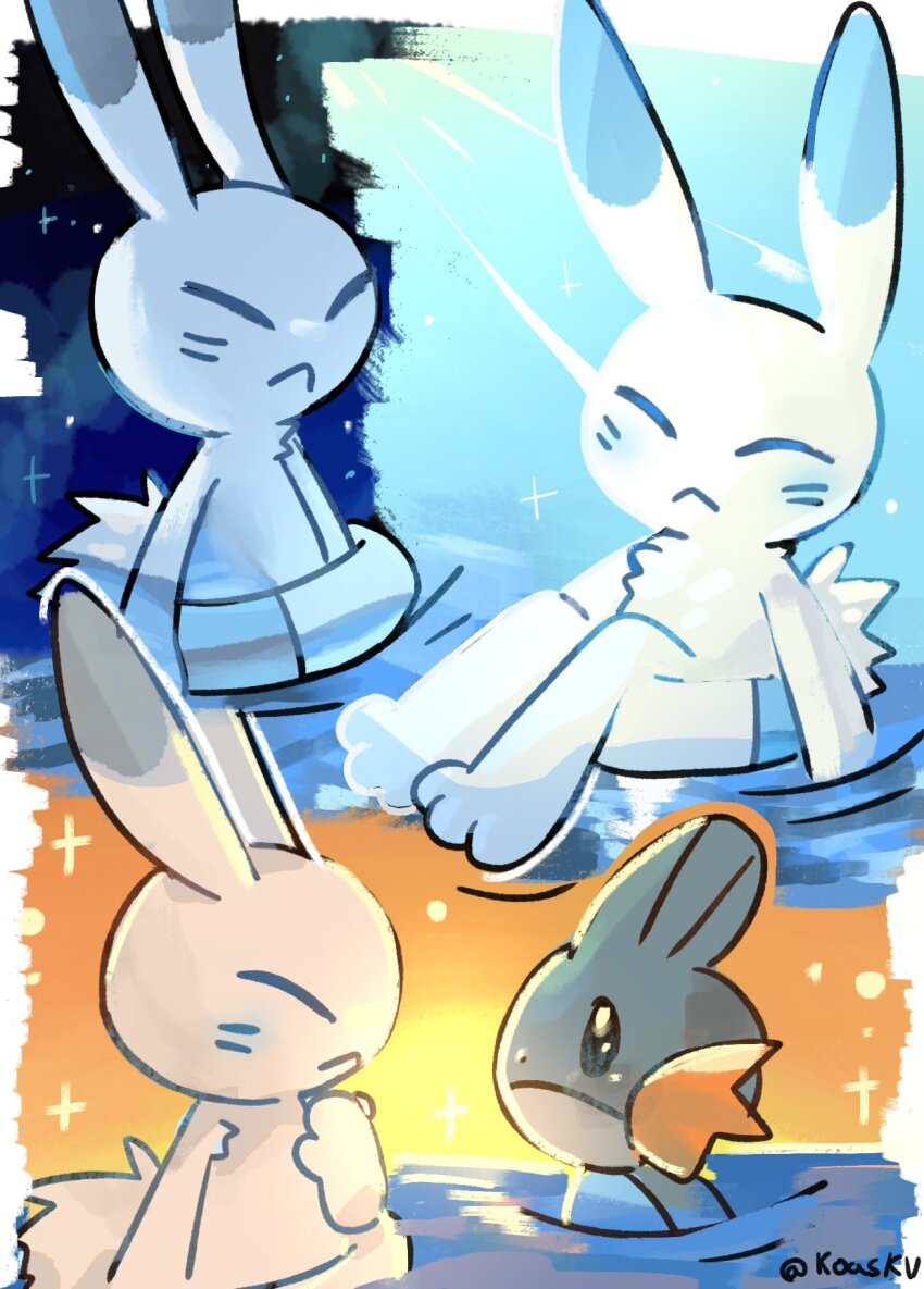 2024_pokemon_teraleak 2others animal_ears closed_eyes closed_mouth commentary day facial_mark fins frown furry gen_3_pokemon highres koasku mudkip multiple_others night nintendo pokemon pokemon_(creature) pokemon_rse_(prototype) prototype_design rabbit_ears spikes sunset tail warabbit water whisker_markings