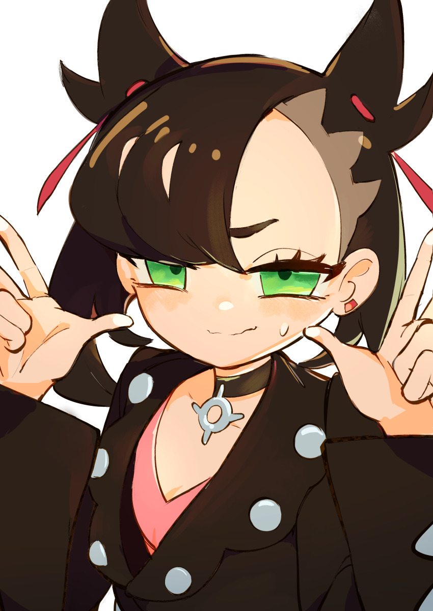 1girl absurdres asymmetrical_bangs black_hair closed_mouth commentary_request earrings eyelashes green_eyes hair_ribbon hands_up highres jacket jewelry long_sleeves looking_at_viewer marnie_(pokemon) nintendo orion_(user_cayz7348) pokemon pokemon_swsh red_ribbon ribbon smile solo sweatdrop twintails upper_body