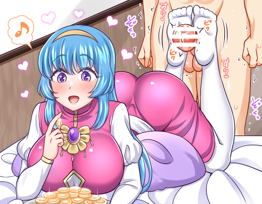 1boy 1girl :d ass bed bed_sheet blue_hair blush breasts censored clueless coins counting counting_money dress estpolis_denki feet feet_up footjob gem gold hairband happy heart highres huge_ass indoors jewelry large_breasts long_hair lufia lying merchant money necklace on_stomach open_mouth pendant penis pillow puffy_sleeves purple_eyes reverse_footjob smile soles testicles thighhighs tia_(estpolis_denki) yakisobapan_tarou_&amp;_negitoro-ko