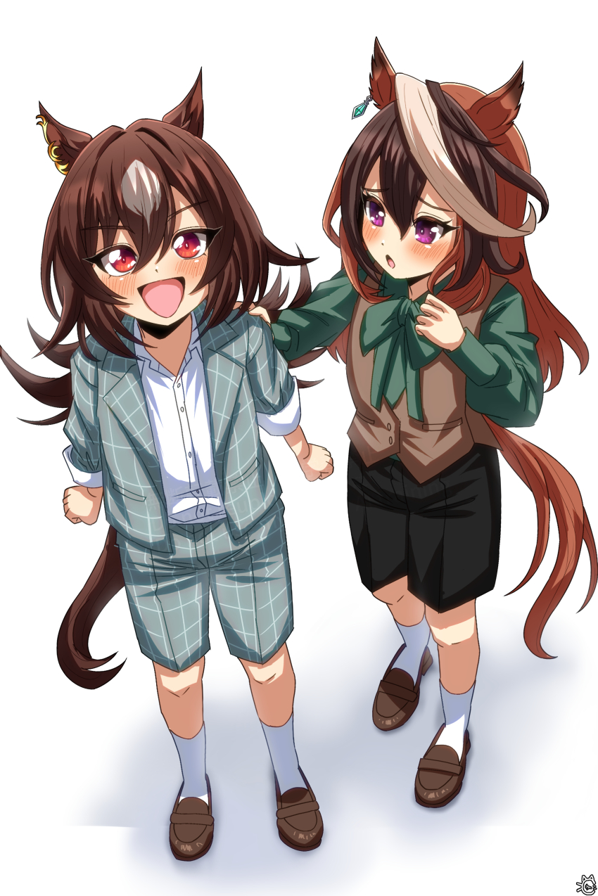 2girls absurdres aged_down animal_ears ankle_socks black_shorts bow bowtie brown_hair brown_shoes brown_vest checkered_clothes checkered_jacket checkered_shorts color_neko_(user_yfvc3323) commentary_request ear_ornament earrings from_above green_bow green_bowtie green_shorts hair_between_eyes highres horse_ears horse_girl horse_tail jacket jewelry long_sleeves looking_at_viewer looking_up multicolored_hair multiple_girls open_clothes open_jacket purple_eyes red_eyes shoes shorts single_earring sirius_symboli_(umamusume) socks swept_bangs symboli_rudolf_(umamusume) tail textless_version umamusume vest