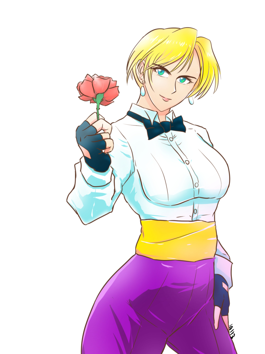 1girl blonde_hair bow bowtie curvy earrings female_focus flower gloves green_eyes highres jewelry king_(snk) leather leather_gloves long_sleeves pale_skin pants rose roy101131 roy10113a shirt short_hair standing the_king_of_fighters white_shirt wide_hips