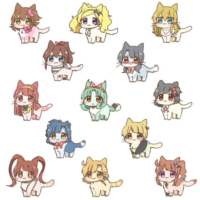 :3 :o animal animal_focus animalization blonde_hair blue_eyes blue_hair bow bowtie braid brown_eyes brown_hair cat closed_mouth clothed_animal emily_stewart fukuda_noriko glasses green_hair hair_bobbles hair_bow hair_ornament hair_scrunchie hairband hairclip highres hutaba idolmaster idolmaster_million_live! kasuga_mirai kousaka_umi looking_at_viewer low_twintails matsuda_arisa nakatani_iku nanao_yuriko necktie no_humans one_side_up orange_hair parted_lips pink_bow pink_bowtie pink_scrunchie polka_dot polka_dot_scrunchie ponytail purple_eyes red_eyes red_hair satake_minako scrunchie semi-rimless_eyewear short_hair simple_background smile striped_necktie tail tail_bow tail_ornament takayama_sayoko tanaka_kotoha tokugawa_matsuri twin_braids twintails under-rim_eyewear white_background yabuki_kana yokoyama_nao