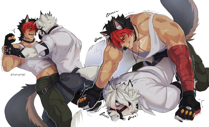 2boys abs absurdres animal_ears artist_name bara black_gloves blush claws clenched_teeth colored_tips commentary cross_scar english_commentary eyepatch fartingdoggi fingerless_gloves furry furry_male gloves green_pants grey_pants highres komano_manato looking_at_another male_focus multicolored_hair multiple_boys multiple_scars multiple_views muscular muscular_male open_mouth pants pectorals scar scar_across_eye scar_on_arm scar_on_chest scar_on_face scar_on_shoulder scar_on_stomach shirt sleeveless sleeveless_shirt smile sound_effects tail tank_top teeth von_lycaon white_background white_shirt white_tank_top wolf_boy wolf_ears wolf_tail yaoi zenless_zone_zero