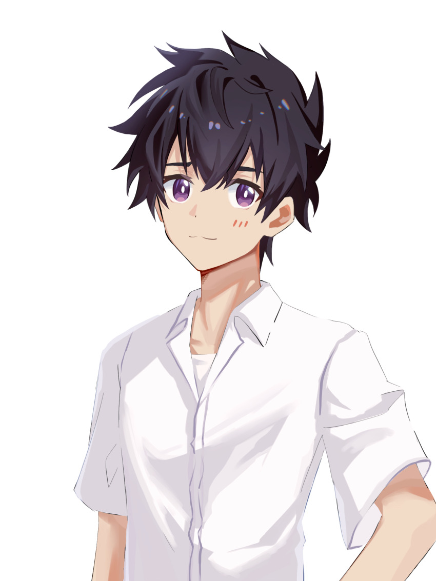 1boy 5casiosi black_hair collared_shirt hair_between_eyes highres looking_at_viewer male_focus minakata_ryuunosuke purple_eyes school_uniform shirt short_sleeves solo summertime_render white_background white_shirt