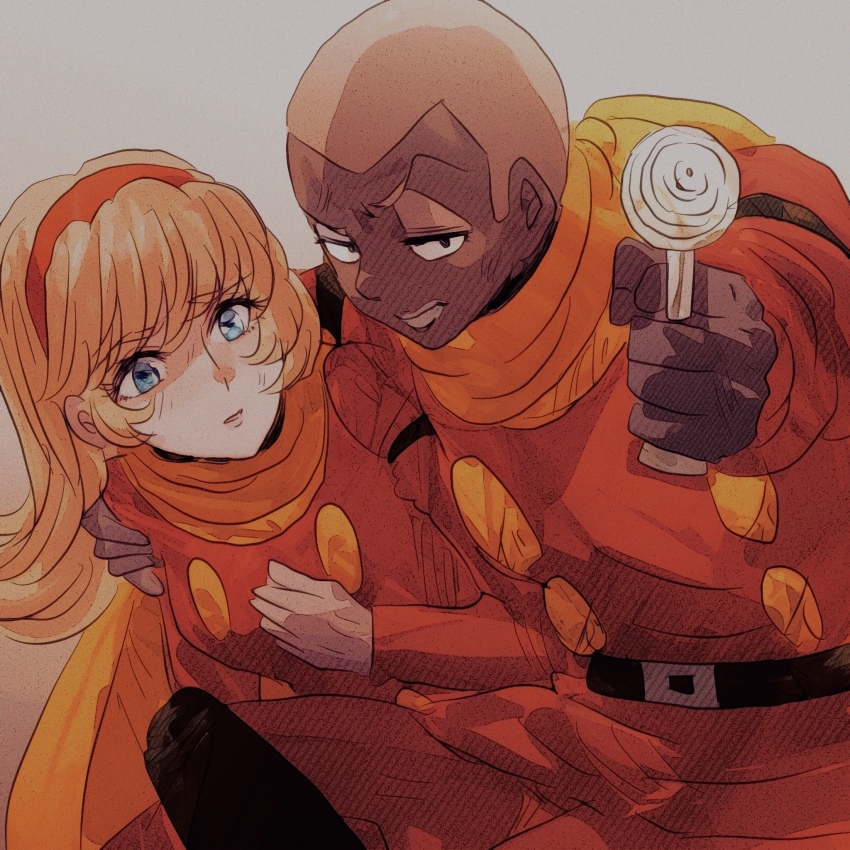 1boy 1girl aiming aiming_at_viewer belt black_belt black_boots black_eyes blonde_hair blue_eyes boots coat cyborg cyborg_009 francoise_arnoul hand_on_another&#039;s_shoulder hand_on_own_chest highres long_hair pants pyunma red_coat red_pants sariokisu scarf short_hair yellow_scarf