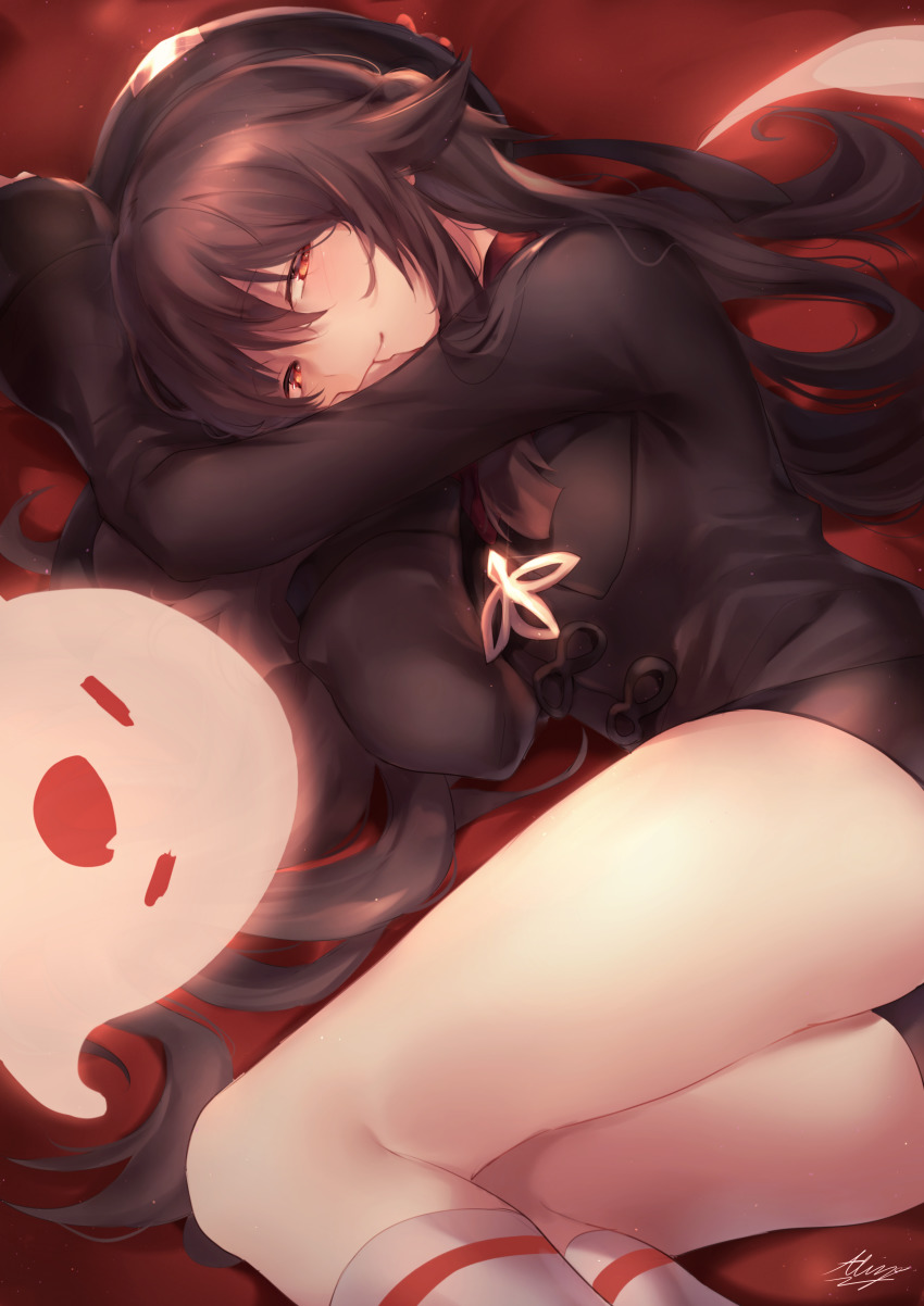 1girl absurdres allze black_headwear black_shorts blush brown_hair fang genshin_impact ghost half-closed_eyes highres hu_tao_(genshin_impact) legs long_hair long_sleeves looking_at_viewer lying open_mouth red_eyes short_shorts shorts smile socks solo thighs twintails