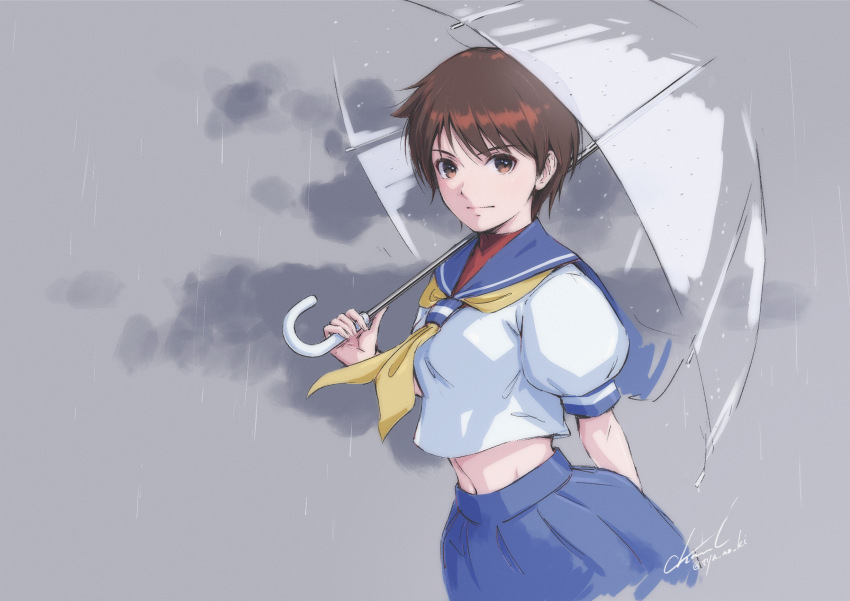 1girl blue_sailor_collar blue_skirt breasts brown_eyes brown_hair closed_mouth commentary_request cowboy_shot grey_background highres holding holding_umbrella kasugano_sakura looking_at_viewer midriff navel neckerchief rain sailor_collar school_uniform serafuku shirt short_hair short_sleeves signature simple_background skirt small_breasts solo standing street_fighter transparent transparent_umbrella twitter_username tyanoki umbrella white_shirt yellow_neckerchief