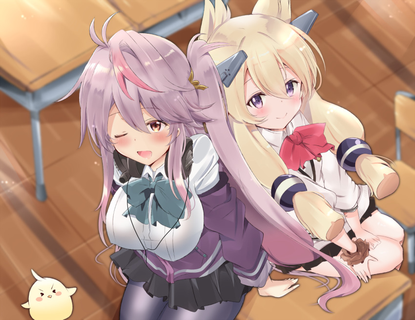 2girls azur_lane black_pantyhose blonde_hair breasts cosplay desk grenville_(azur_lane) gridman_universe indoors large_breasts long_hair manjuu_(azur_lane) multiple_girls one_eye_closed pantyhose purple_eyes purple_hair red_eyes school_desk shinjou_akane shinjou_akane_(cosplay) side_ponytail ssss.gridman takarada_rikka takarada_rikka_(cosplay) tonchinkan twintails warspite_(azur_lane)