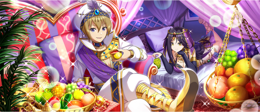 1boy 1girl ankle_lace-up arabian_clothes armpit_crease asymmetrical_sidelocks bed bedroom black_bridal_gauntlets black_hair blue_eyes bra bracelet breasts bridal_gauntlets brown_hair chair cleavage closed_mouth crossed_legs cup earrings food fruit fruit_basket game_cg gold_thighlet grapefruit grapes hair_between_eyes hand_on_own_chin harem_outfit harem_pants highres holding holding_cup holding_food holding_fruit holding_grape hoop_earrings indoors jewelry kono_subarashii_sekai_ni_shukufuku_wo! konosuba!_fantastic_days large_breasts legs_up long_hair lying melissa_(konosuba) mitsurugi_kyouya necklace official_alternate_costume official_art on_bed on_stomach open_mouth orange_(fruit) pants parted_bangs peach pear pelvic_curtain pineapple purple_bra purple_veil short_hair smile sparkle teeth thighlet thobe turban underwear upper_teeth_only veil white_pants white_turban yellow_eyes