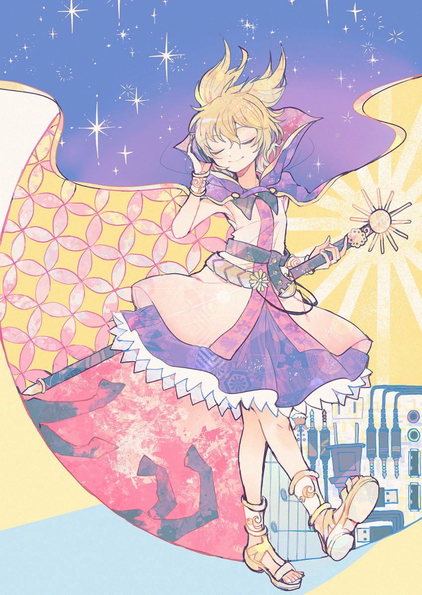 1girl audio_jack bracelet closed_eyes closed_mouth electric_plug electrical_outlet full_body hair_between_eyes headphones highres instrument itomugi-kun jewelry light_brown_hair musical_note pink_shirt pointy_hair purple_skirt quarter_note sheath sheathed shippou_(pattern) shirt short_hair skirt sleeveless sleeveless_shirt smile solo musical_staff sword touhou toyosatomimi_no_miko usb weapon
