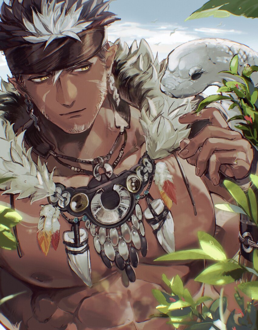1boy bara black_hair brown_headband closed_mouth dark-skinned_male dark_skin earrings facial_hair feather_necklace feathers headband highres jewelry large_pectorals male_focus muscular muscular_male nanaisan_(713) necklace pectorals short_hair snake solo tangaroa_(housamo) tokyo_houkago_summoners tooth_necklace tribal upper_body white_hair white_snake