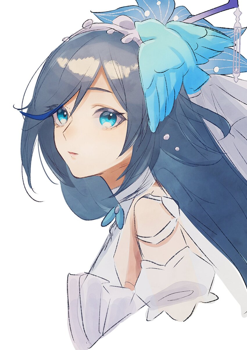 1girl bird bird_hair_ornament blue_bird blue_eyes blue_headwear commentary dmr_pic dress english_commentary fu_hua fu_hua_(azure_empyrea) grey_hair hair_between_eyes hair_ornament highres honkai_(series) honkai_impact_3rd long_hair official_alternate_costume parted_lips simple_background solo white_background white_dress white_headwear
