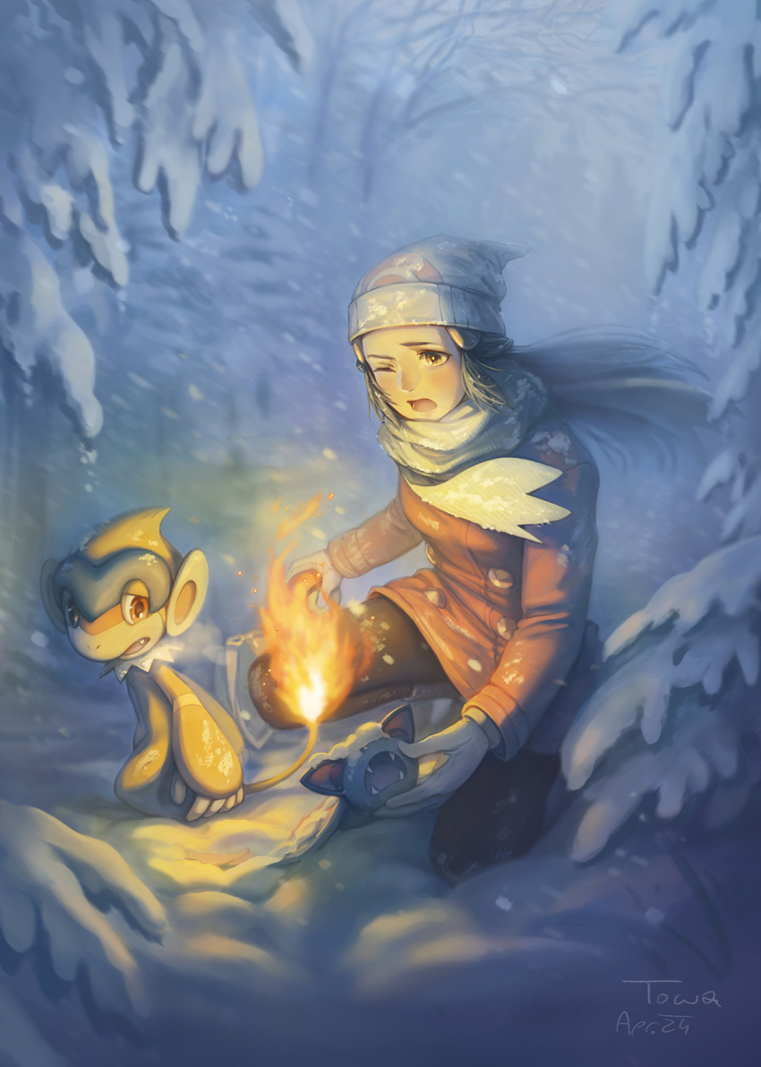 1girl beanie black_hair blurry blurry_background blush boots buttons chimchar coat commentary dawn_(pokemon) fire floating_hair gen_1_pokemon gen_4_pokemon hat highres kazuko_(towa) long_hair long_sleeves nintendo on_one_knee one_eye_closed open_mouth outdoors pantyhose pokemon pokemon_(creature) pokemon_dppt pokemon_platinum scarf signature snow snowing zubat