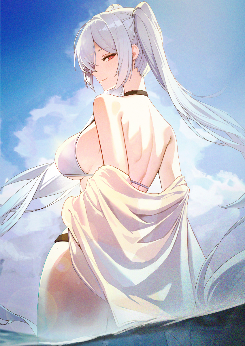 1girl absurdres bare_shoulders bikini black_choker blue_sky blurry blush bokeh breasts choker cinderella_(nikke) cloud cloudy_sky commentary day depth_of_field from_behind goddess_of_victory:_nikke hair_intakes hallo_(rltkdydrltk) highres large_breasts long_hair looking_at_viewer off_shoulder red_eyes sideboob sideways_glance sky solo swimsuit twintails very_long_hair wading white_bikini white_hair