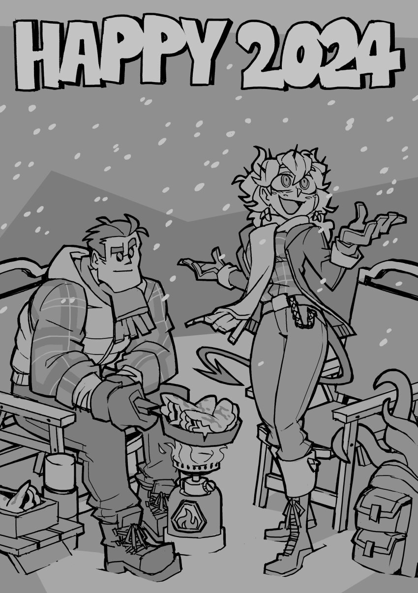 1boy 1girl absurdres beelzebub_(helltaker) cookie demon demon_girl demon_horns demon_tail earrings english_text food freckles gloves greyscale helltaker helltaker_(character) highres holding_pan horns jewelry monochrome new_year official_art pancake round_eyewear sitting smile snowing sunglasses tail tentacles vanripper vanripper_(style)