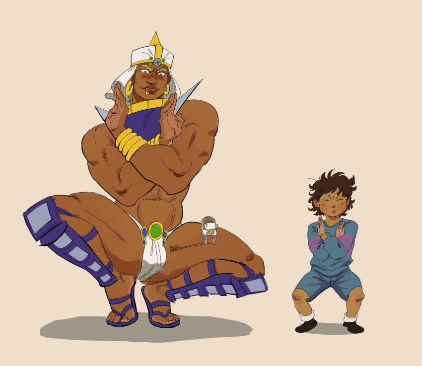 1boy abs alternate_skin_color bara battle_tendency child crossover dark-skinned_male dark_skin demonicboimike earrings face_piercing frisk_(undertale) highres hoop_earrings jewelry jojo_no_kimyou_na_bouken light-skinned_palms light-skinned_soles lip_piercing lip_ring looking_at_viewer male_focus muscular muscular_male navel piercing squatting thick_eyebrows thick_lips undertale wamuu