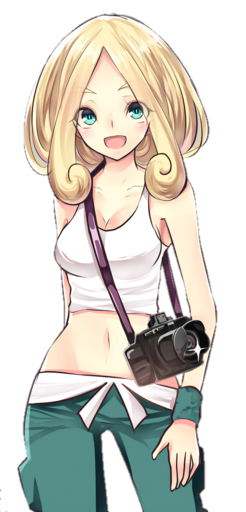 1girl absurdres aqua_eyes blonde_hair blue_eyes breasts camera capri_pants crop_top e-co game_freak happy highres midriff navel nintendo pants pokemon pokemon_xy shirt stomach transparent_background viola_(pokemon)