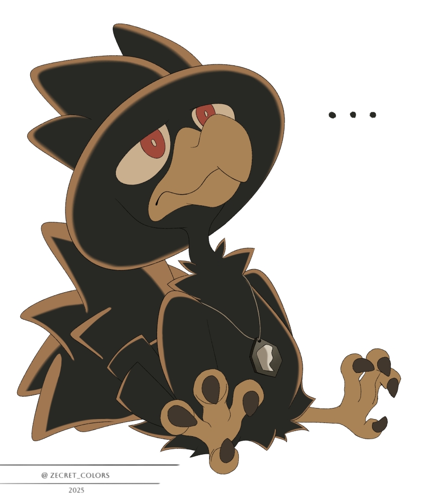 ... absurdres artist_name beak bird gen_2_pokemon highres jewelry murkrow necklace nintendo no_humans pokemon pokemon_(creature) red_eyes sitting solo talons white_background zecret_colors
