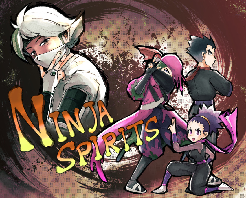 1girl 3boys absurdres atticus_(pokemon) bandana bandana_over_mouth beni_(pokemon) father_and_daughter highres holding holding_poke_ball janine_(pokemon) koga_(pokemon) makita_(mugitya3776) multiple_boys ninja nintendo on_one_knee poke_ball poke_ball_(basic) pokemon pokemon_hgss pokemon_legends:_arceus pokemon_sv purple_eyes purple_hair purple_scarf red_scarf scarf star_(symbol) team_star trait_connection white_hair