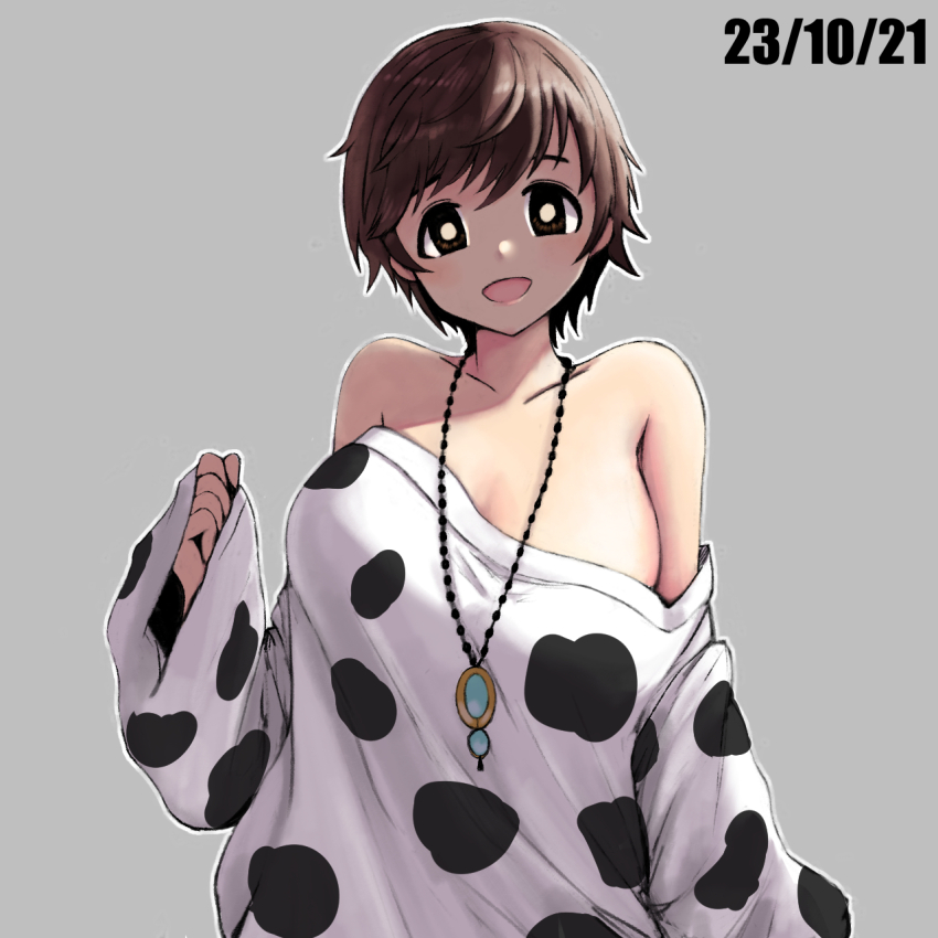 1girl alternate_costume animal_print bare_shoulders blush breasts bright_pupils brown_hair collarbone cow_print dated highres idolmaster idolmaster_cinderella_girls koitusmile large_breasts long_sleeves looking_at_viewer loose_clothes loose_shirt off_shoulder oikawa_shizuku shirt short_hair simple_background sleeves_past_wrists smile solo upper_body