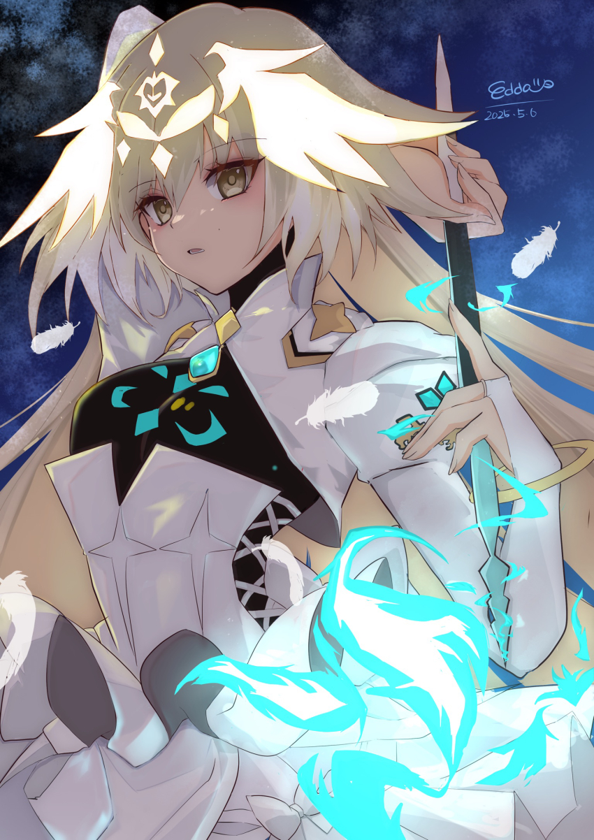 1girl arm_behind_head arm_up armor blonde_hair edda_(kaimu0930) fate/grand_order fate_(series) feathers glowing hair_between_eyes head_on_knee highres holding holding_scale holding_wand jeanne_d&#039;arc_(fate) jewelry legwear_cutout long_hair long_sleeves looking_at_viewer metatron_jeanne_(fate) metatron_jeanne_(third_ascension)_(fate) open_mouth pendant solo wand white_armor white_feathers yellow_eyes