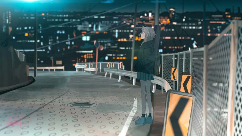 1girl absurdres ahoge banishment bare_legs black_jacket black_socks blurry blurry_background chain-link_fence city cityscape closed_mouth commentary_request fence film_grain from_side grey_eyes grey_hair grey_skirt hand_in_jacket highres instrument_case jacket manhole_cover medium_hair night original outdoors pleated_skirt power_lines profile road road_sign scenery sign skirt socks solo standing utility_pole wide_shot