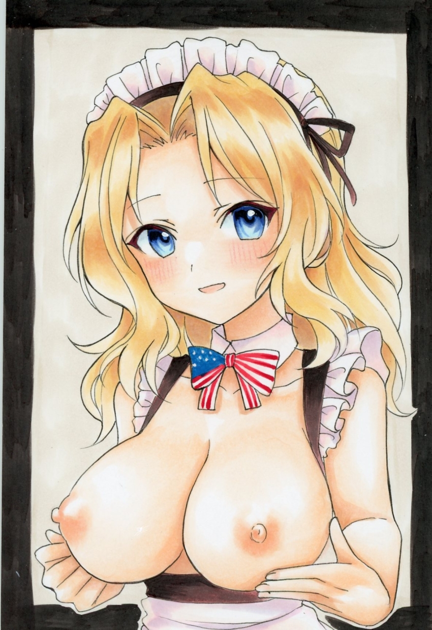 1girl airi_(akamichiaika) american_flag american_flag_print blonde_hair blue_eyes blush bow bowtie breasts breasts_out flag_print girls_und_panzer highres kay_(girls_und_panzer) large_breasts looking_at_viewer maid maid_headdress marker_(medium) millipen_(medium) nakomofu nipples open_mouth pen_(medium) photo_(medium) traditional_media