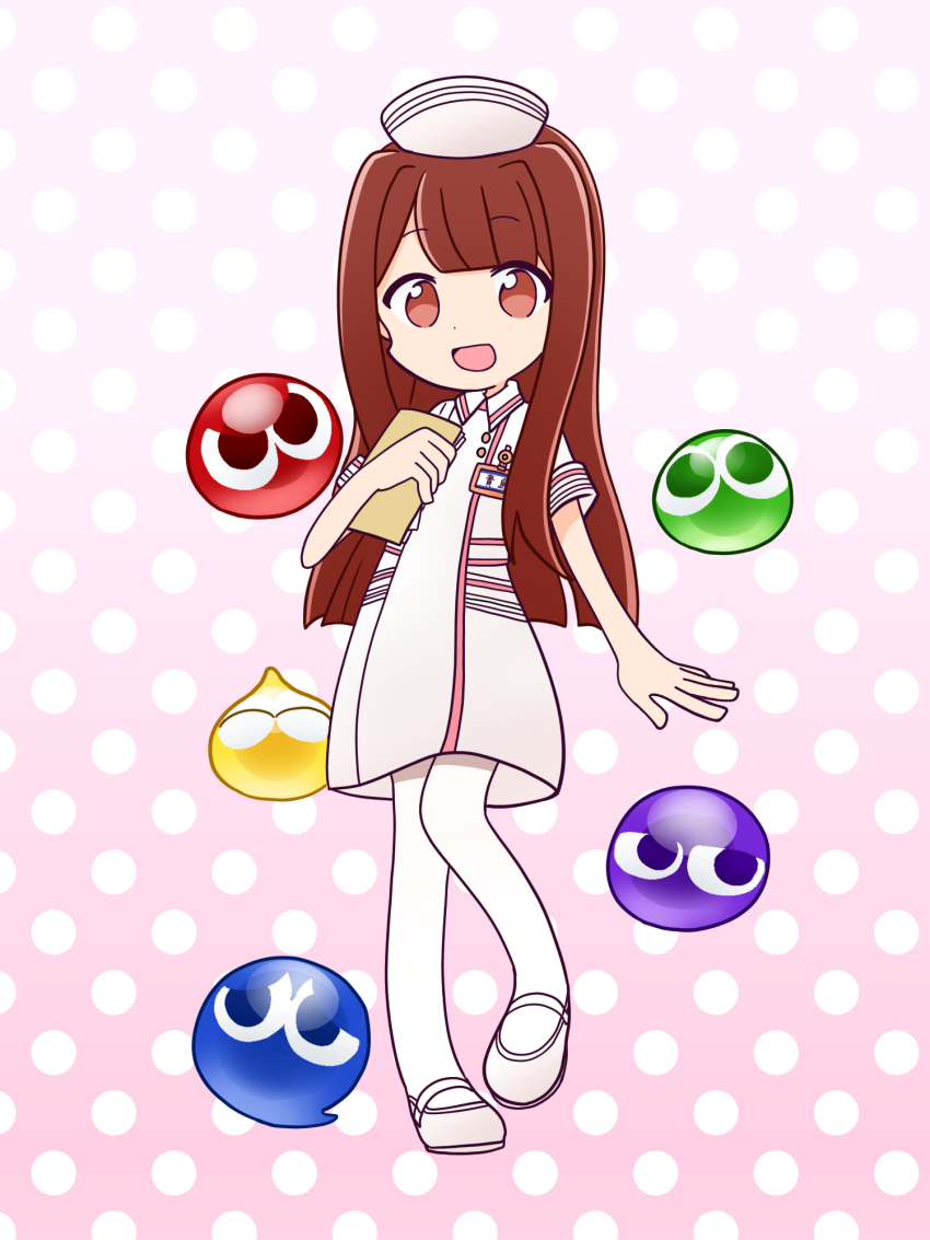 1girl blob blunt_ends brown_eyes brown_hair creature deformed full_body gradient_background hat highres holding hutaba idolmaster idolmaster_million_live! long_hair looking_at_viewer name_tag nurse nurse_cap open_mouth pantyhose parody pink_background polka_dot polka_dot_background puyo_(puyopuyo) puyopuyo shoes short_sleeves smile solo standing straight_hair style_parody tanaka_kotoha white_pantyhose white_shoes