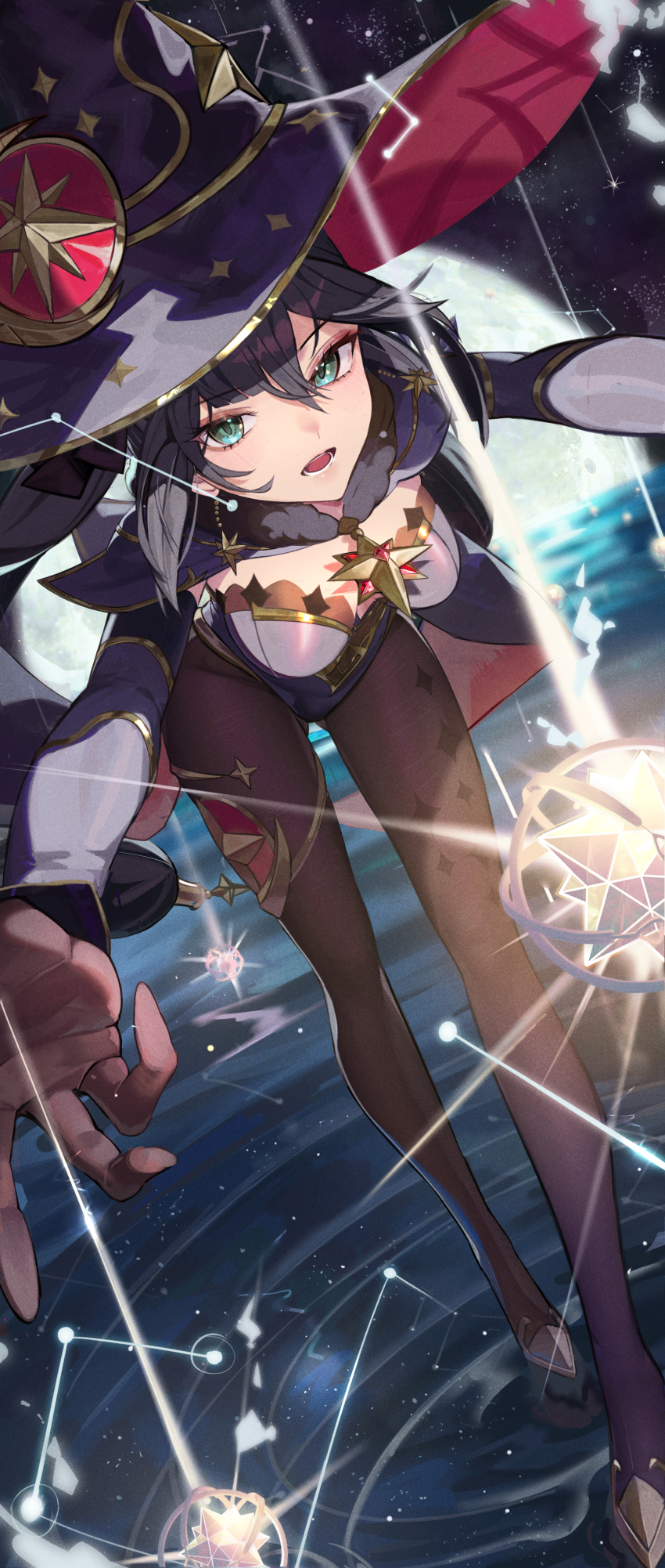 1girl absurdres black_gloves black_hair black_pantyhose blue_hat blue_leotard breasts buttons chinese_commentary commentary_request constellation detached_sleeves double-breasted genshin_impact gloves green_eyes hat highres lanzen_wu leaning_forward leotard long_hair looking_at_viewer medium_breasts mona_(genshin_impact) open_mouth outstretched_arms pantyhose parted_bangs solo sparkle_print strapless strapless_leotard teeth twintails very_long_hair wading witch_hat