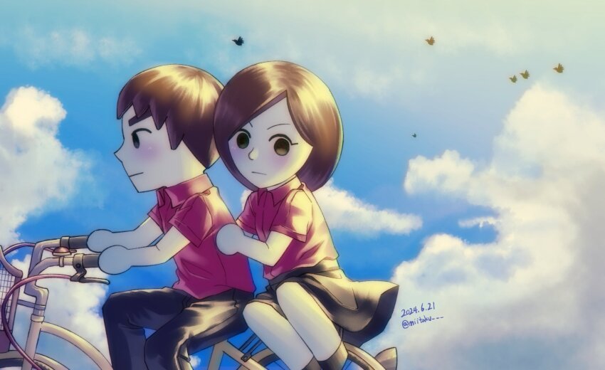 1boy 1girl bicycle black_eyes black_pants blue_sky blush brown_hair cloud cloudy_sky day guest_mii highres mii_(nintendo) miitaku mob_face nintendo outdoors pants red_shirt riding riding_bicycle shirt short_hair short_sleeves sidesaddle sitting skirt sky