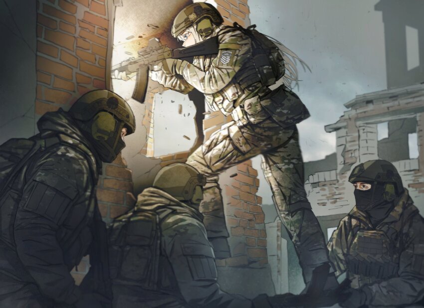 1girl 3boys ak-74m ak74m_(girls&#039;_frontline) assault_rifle balaclava blonde_hair blue_eyes brown_gloves bulletproof_vest camouflage camouflage_jacket camouflage_pants combat_helmet commission ear_protection firing from_side girls&#039;_frontline gloves griffin_&amp;_kryuger_logo gun helmet highres holding holding_weapon jacket kalashnikov_rifle long_hair maxturbo69 multiple_boys optical_sight outdoors pants pouch rifle shell_casing weapon