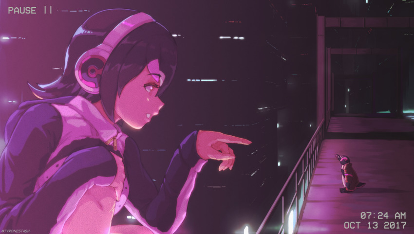 1boy 1girl animal_ears armband bird black_hair blade_runner_(series) blade_runner_2049 breasts brown_eyes catwalk_(walkway) clothes_lift commentary english_commentary giant giantess goslingposting_(meme) grape-kun headphones hologram humboldt_penguin humboldt_penguin_(kemono_friends) jacket kemono_friends lifting_own_clothes medium_breasts meme midriff movie_reference multicolored_hair neon_palette open_mouth parody penguin penguin_tail pink_hair purple_armband scene_reference science_fiction shirt shirt_lift short_hair smile tail timestamp tyrone