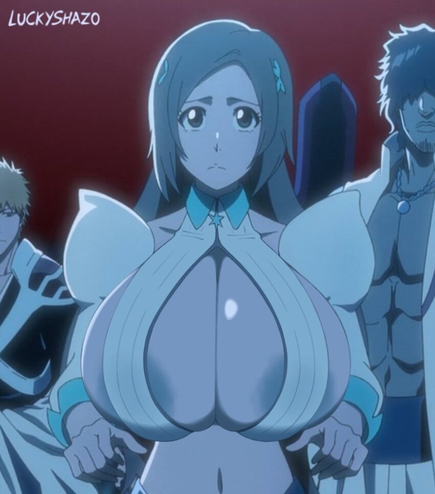 areola_slip bleach bleach:_sennen_kessen-hen breasts highres huge_breasts inoue_orihime kurosaki_ichigo large_breasts luckyshazo orange_hair sado_yasutora screencap third-party_edit