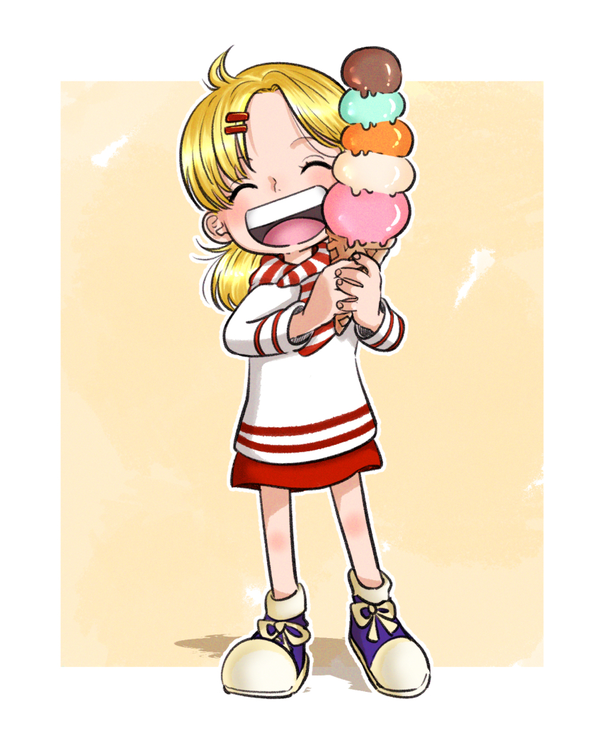 1girl :d ahoge blonde_hair blush child closed_eyes dress food forehead gorio hair_ornament hairclip hairpin happy highres holding holding_food holding_ice_cream holding_ice_cream_cone ice_cream ice_cream_cone long_hair long_sleeves looking_at_viewer low_ponytail one_piece open_mouth orange_skirt parted_bangs ponytail scarf shoes simple_background skirt smile solo standing striped_clothes striped_scarf sweater sweets teeth toei_animation tongue upper_teeth_only white_sweater yellow_background yu_(one_piece)